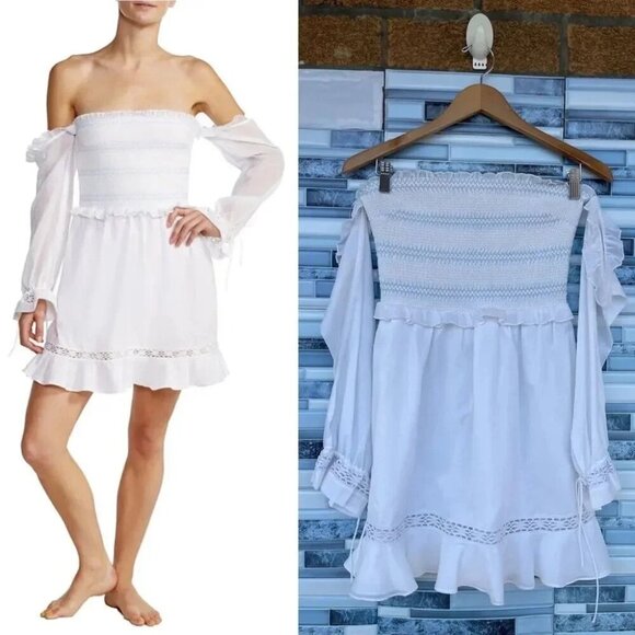 Kisuii Arcadia Smocked Off-Shoulder Cotton Short Dress small - Picture 1 of 11